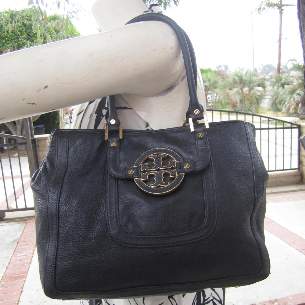Tory Burch black pebbled leather large handbag